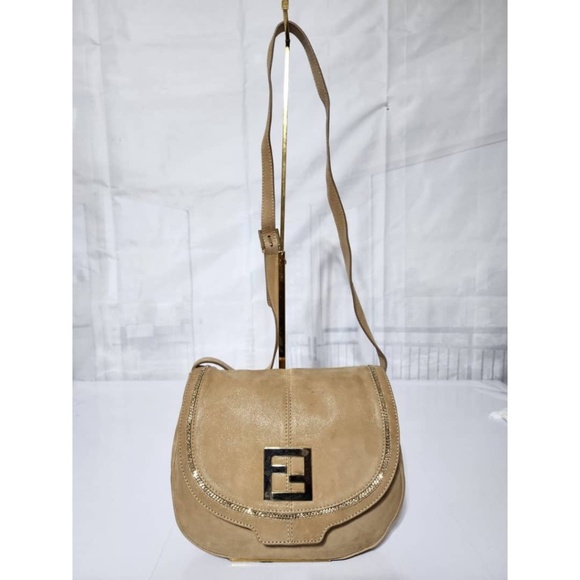 Authentic FENDI Metallic Suede Calfskin Crossbody Bag Beige - Picture 1 of 16